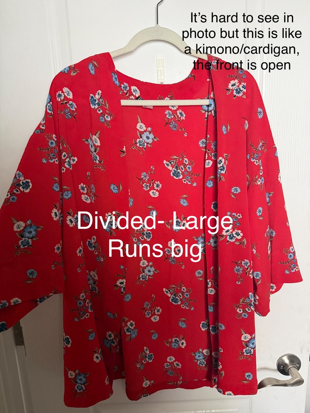 Divided Red Floral Open-Front Kimono Cardigan